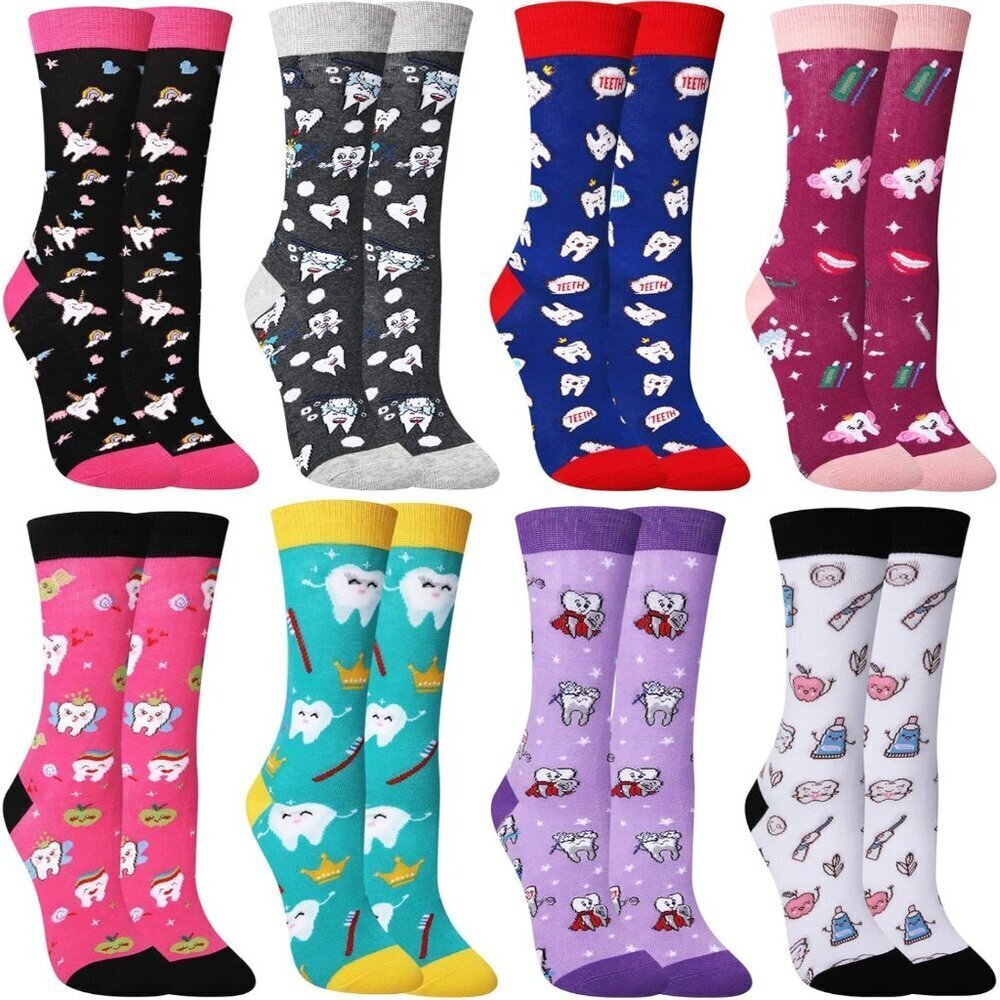 Dental Socks Cotton Spandex Fun Tooth Pattern Crew Socks for Women Men